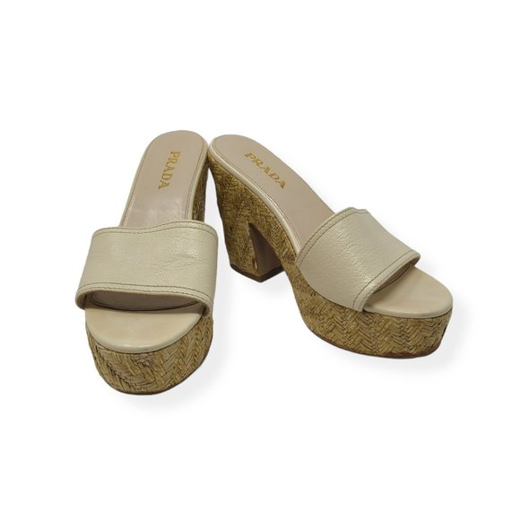 Prada Ivory Leather Slip On Wedge Sandals - Picture 2 of 13